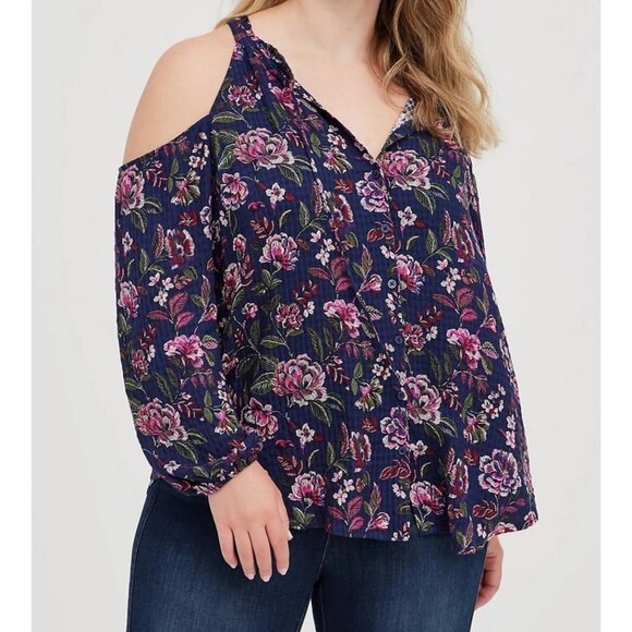 Torrid Cold Shoulder NEW Plus Size 3X Blouse Crinkle Gauze Navy/Pink/Red Floral - Picture 1 of 4